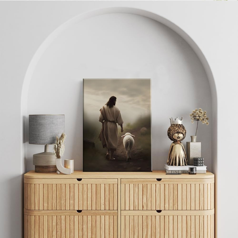 Framed Jesus and Lamb Canvas Wall Art God Faith Poster Prints Wall Decor Picture Christian Home Bedroom Decoration