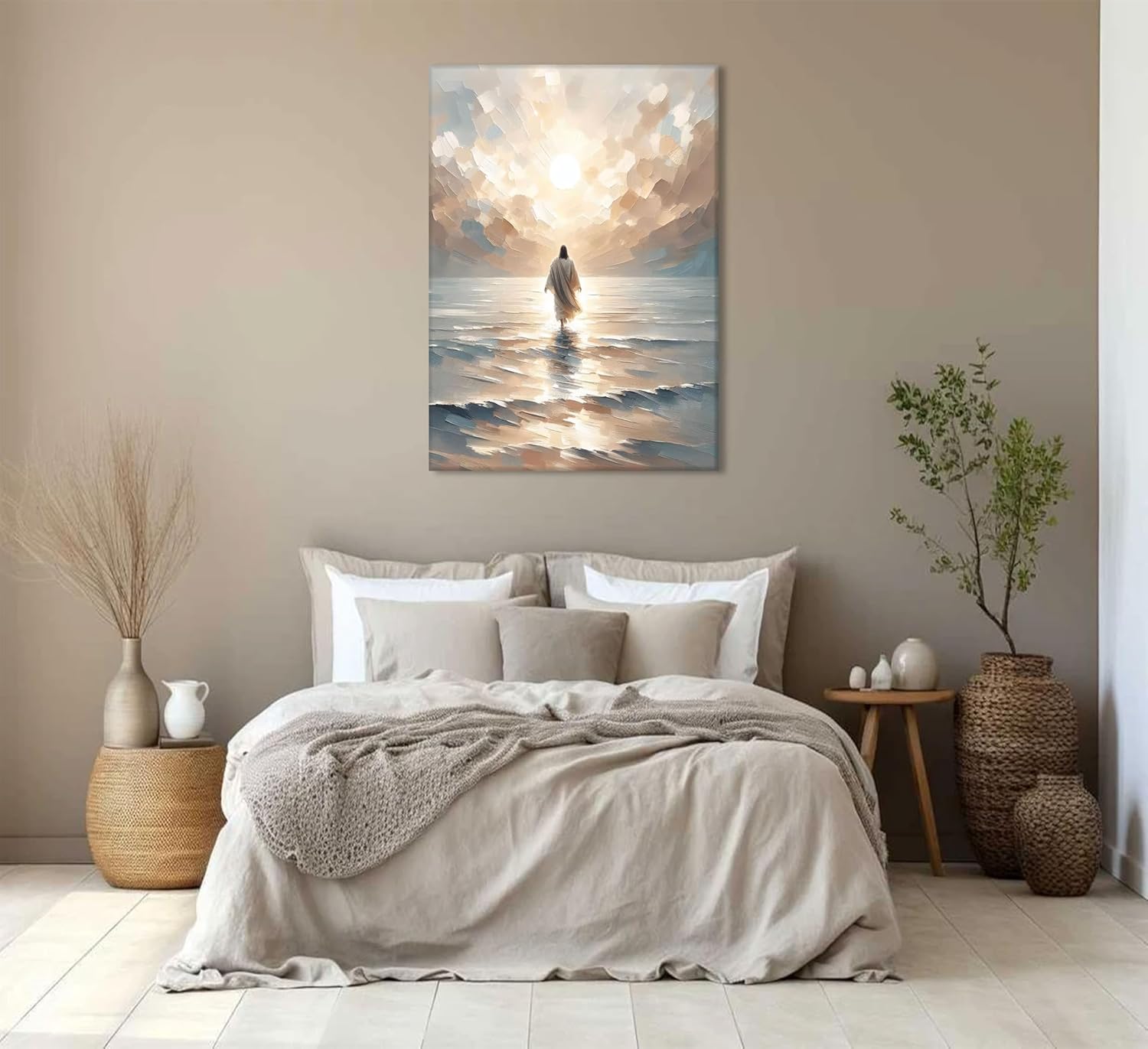 Jesus Walking on Water Canvas Wall Art Jesus Walking on Water Back Wall Decor Pictures Jesus Christian Posters Prints for Living Room Bedroom Church Home Decorations Ready to Hang Canvas 12Inx16In