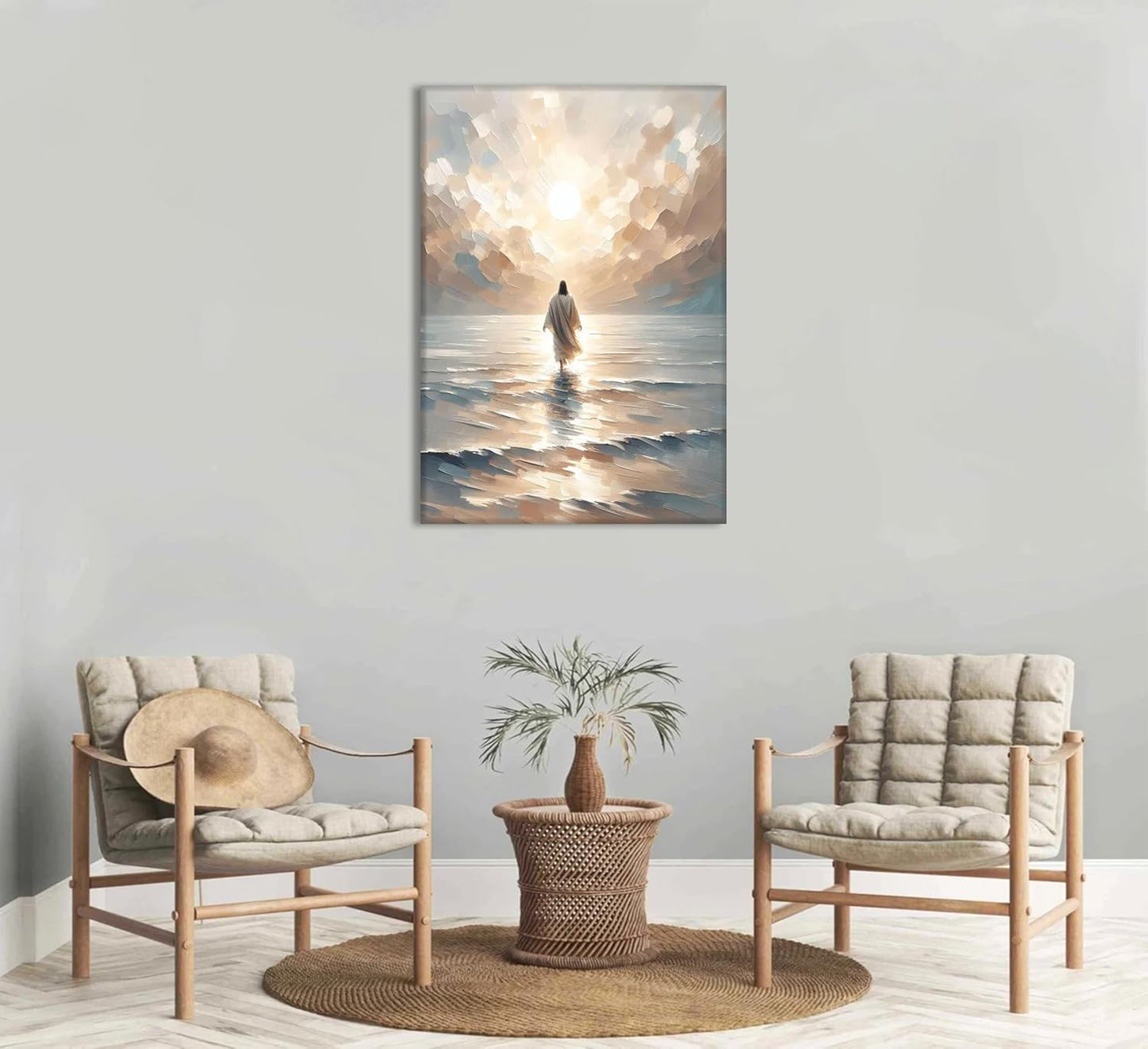 Jesus Walking on Water Canvas Wall Art Jesus Walking on Water Back Wall Decor Pictures Jesus Christian Posters Prints for Living Room Bedroom Church Home Decorations Ready to Hang Canvas 12Inx16In