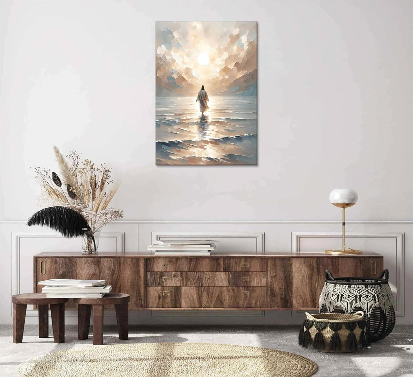 Jesus Walking on Water Canvas Wall Art Jesus Walking on Water Back Wall Decor Pictures Jesus Christian Posters Prints for Living Room Bedroom Church Home Decorations Ready to Hang Canvas 12Inx16In