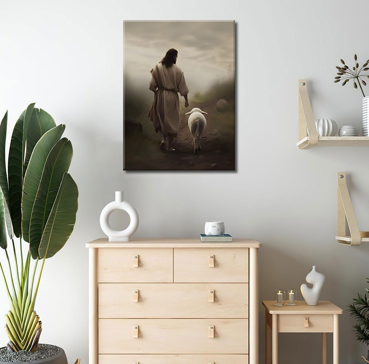 Framed Jesus and Lamb Canvas Wall Art God Faith Poster Prints Wall Decor Picture Christian Home Bedroom Decoration