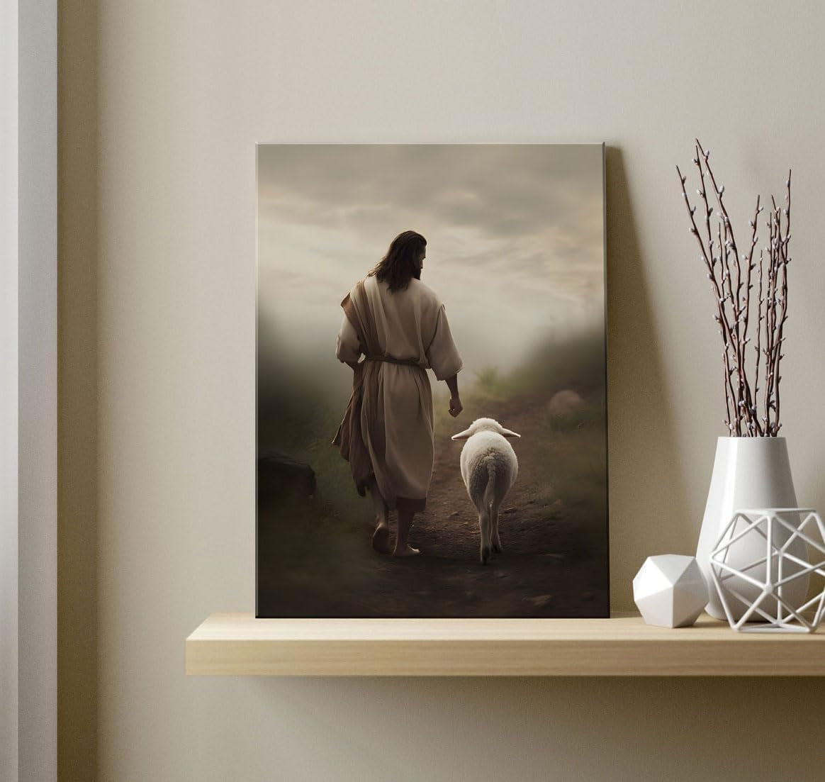 Framed Jesus and Lamb Canvas Wall Art God Faith Poster Prints Wall Decor Picture Christian Home Bedroom Decoration