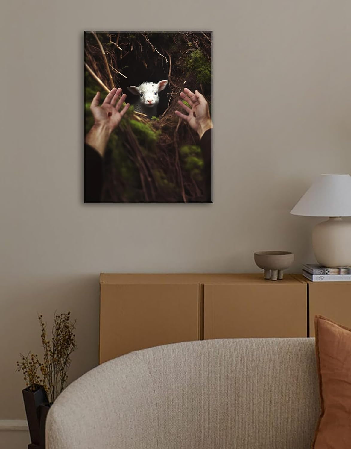 Jesus Christ Wall Art Jesus Running after Lost Lamb Picture Canvas Printed Christian Home Decor, Modern Christian Wall Decor for Church Decoration