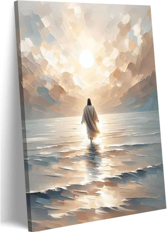 Jesus Walking on Water Canvas Wall Art Jesus Walking on Water Back Wall Decor Pictures Jesus Christian Posters Prints for Living Room Bedroom Church Home Decorations Ready to Hang Canvas 12Inx16In